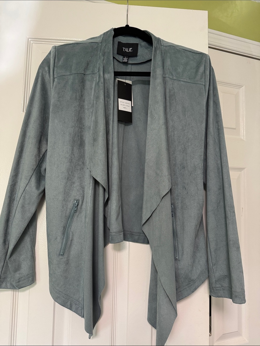 Women's Draped Open Front Jacket in Slate Blue size large